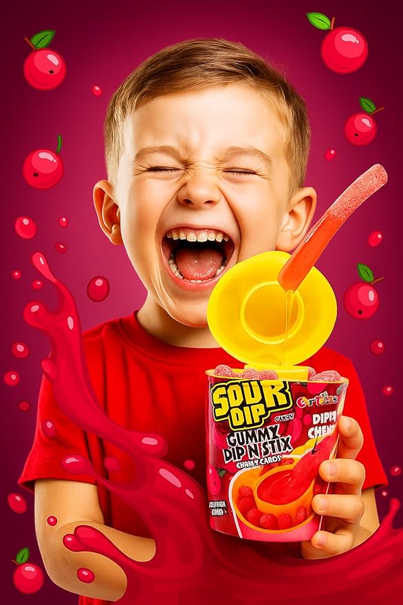 CANDIEXOTICS Sour Juicy Dip'N Stix – Sweet & Sour Chewy Candy for Kids Strawberry Candy Sticks (96 g)