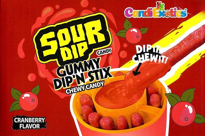 CANDIEXOTICS Sour Juicy Dip'N Stix – Sweet & Sour Chewy Candy for Kids Strawberry Candy Sticks (96 g)
